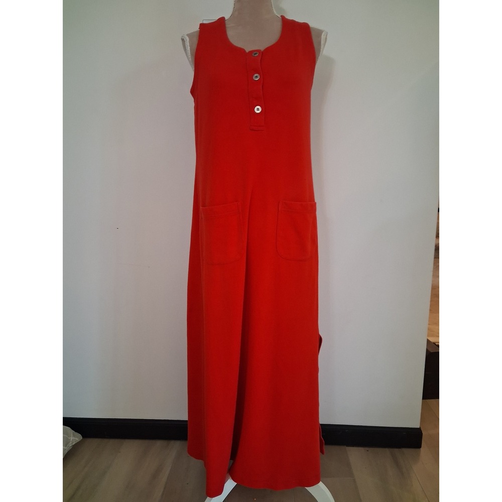 Vtg White Stag Womens Red Cotton Jersey Henley Sleeveless Maxi Dress Pockets 90s